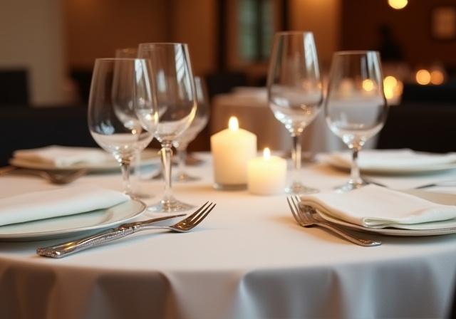 Crisp, elegant table linens in a fine dining restaurant in Old Montréal.